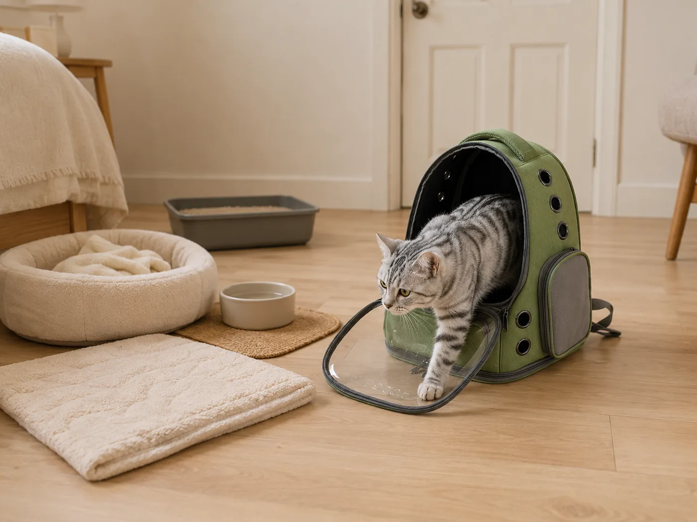 Chambre préparée avant l’ouverture du sac : litière, gamelle d’eau et couchage installés, le chat sort de lui-même, la porte fermée derrière