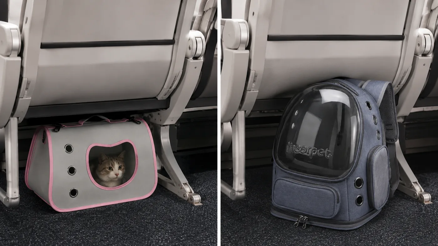 À gauche le sac bandoulière glissé sous un siège d'avion, à droite le sac à dos trop haut pour passer dessous