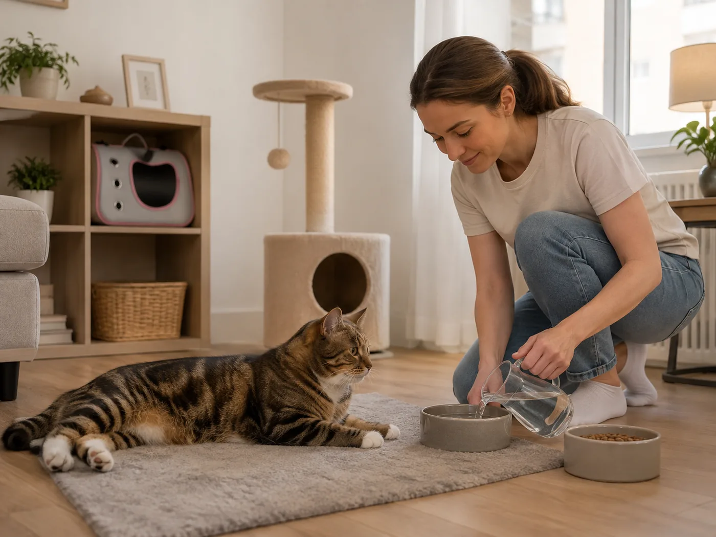 Une personne remplit les gamelles pendant que le chat, allongé sur le tapis, la regarde faire
