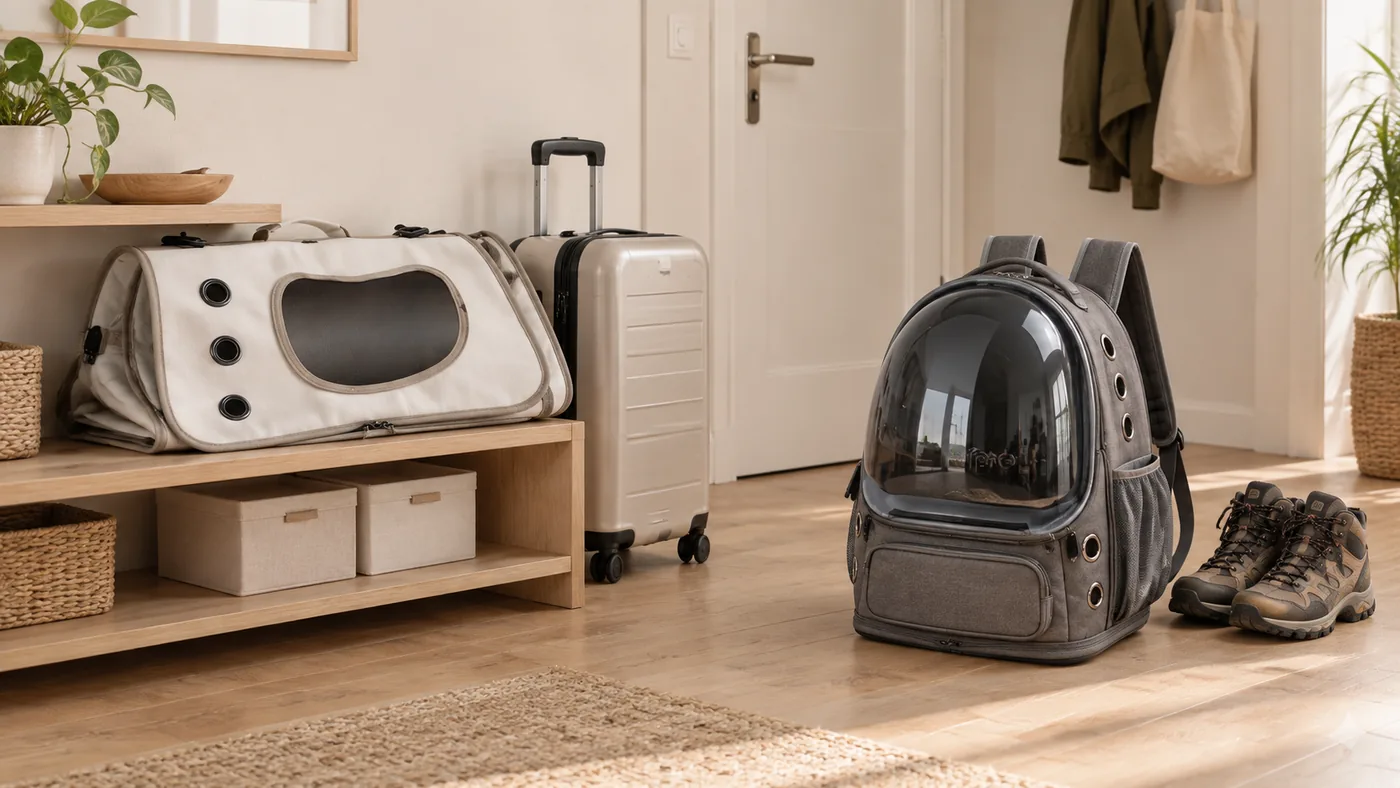 Dans une entrée, le sac souple replié à plat sur une étagère à côté d’une valise cabine, et le sac à dos debout gardant tout son volume à côté d’une paire de chaussures de marche