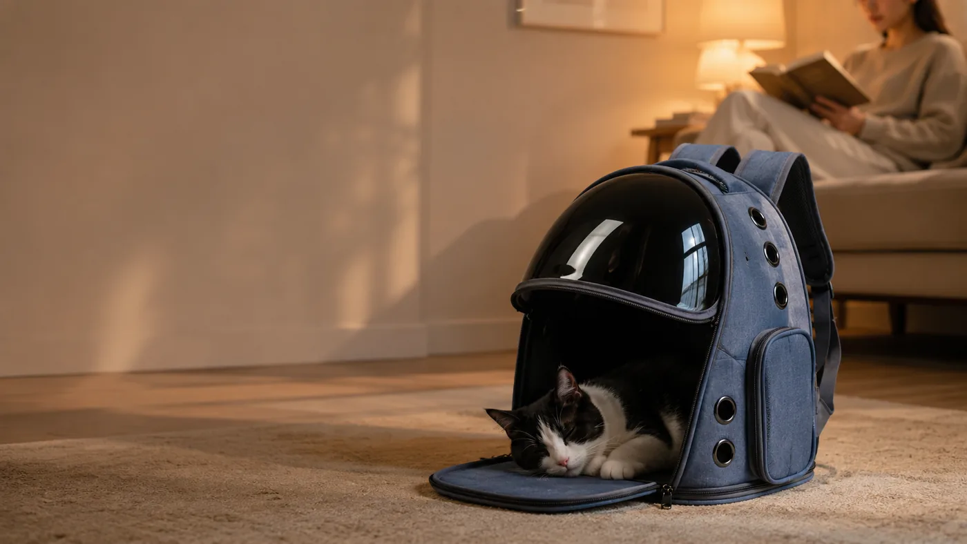 Chat endormi dans le sac à dos ouvert posé au sol d’un salon, une personne lit sur le canapé derrière