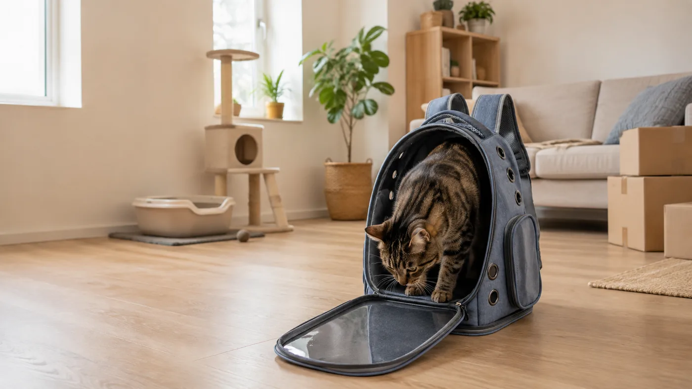 Chat sortant du sac à dos ouvert dans un salon en cours de déménagement, cartons empilés au fond