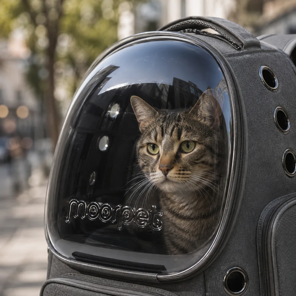 Gros plan sur la coque panoramique fumée, le visage d'un chat tigré visible derrière