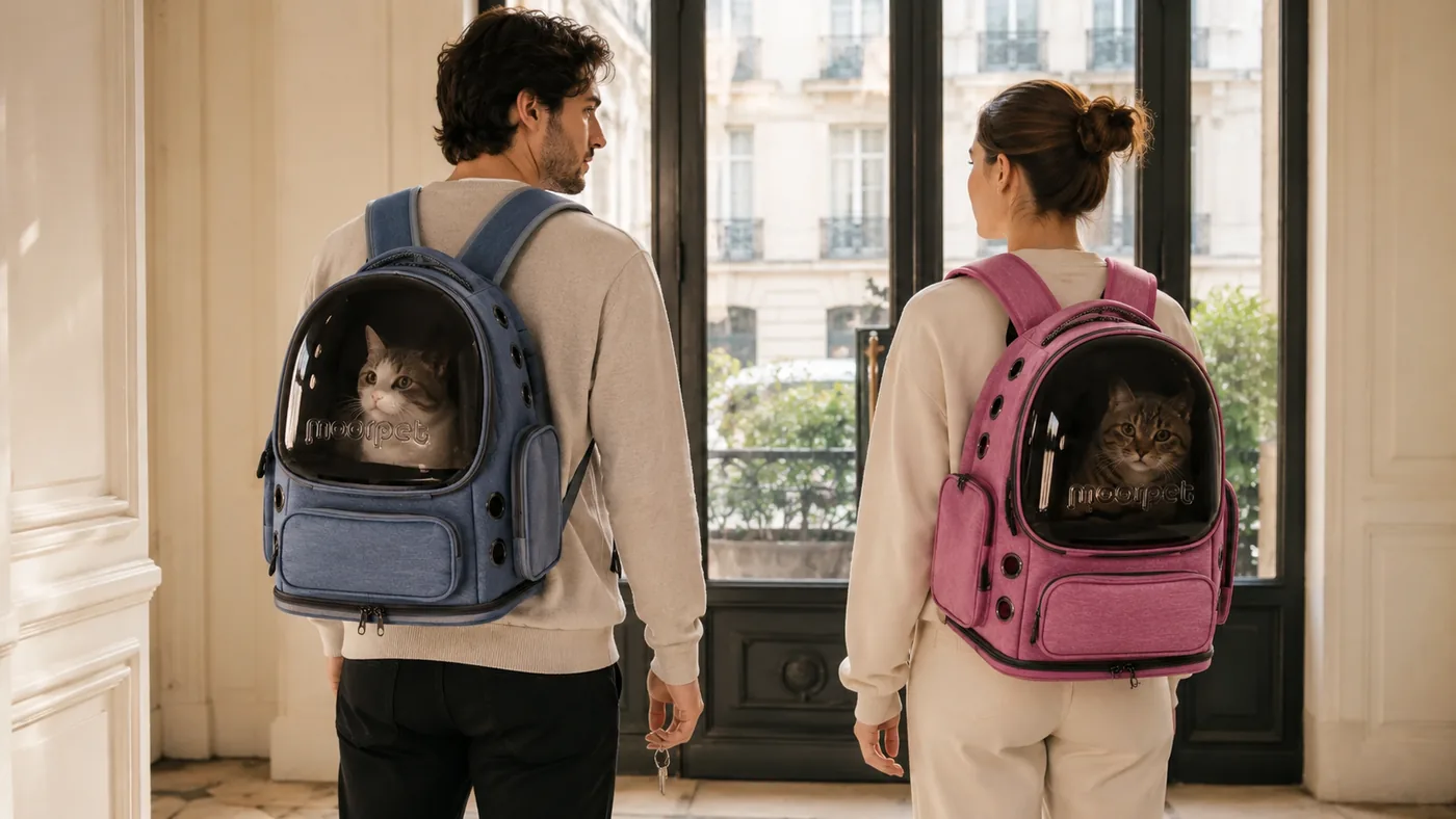 Deux personnes de dos dans un hall d’immeuble, chacune portant son propre sac à dos avec un chat dans la coque