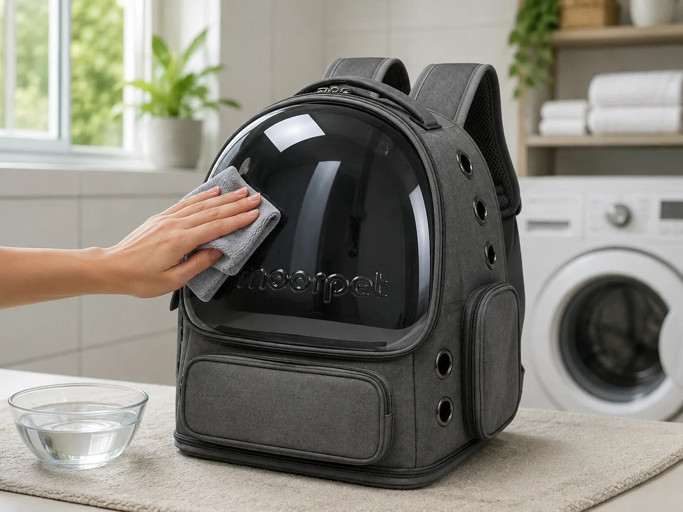 Une main essuie la coque du sac à dos avec un chiffon microfibre, une coupelle d’eau tiède posée à côté