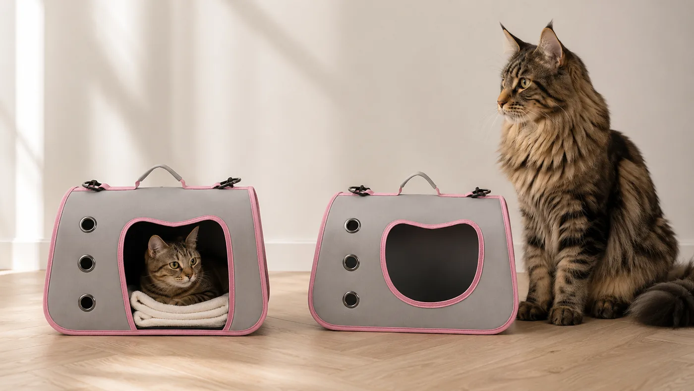 À gauche un chat européen installé dans le sac gris et rose, à droite un Maine Coon assis à côté du même sac vide
