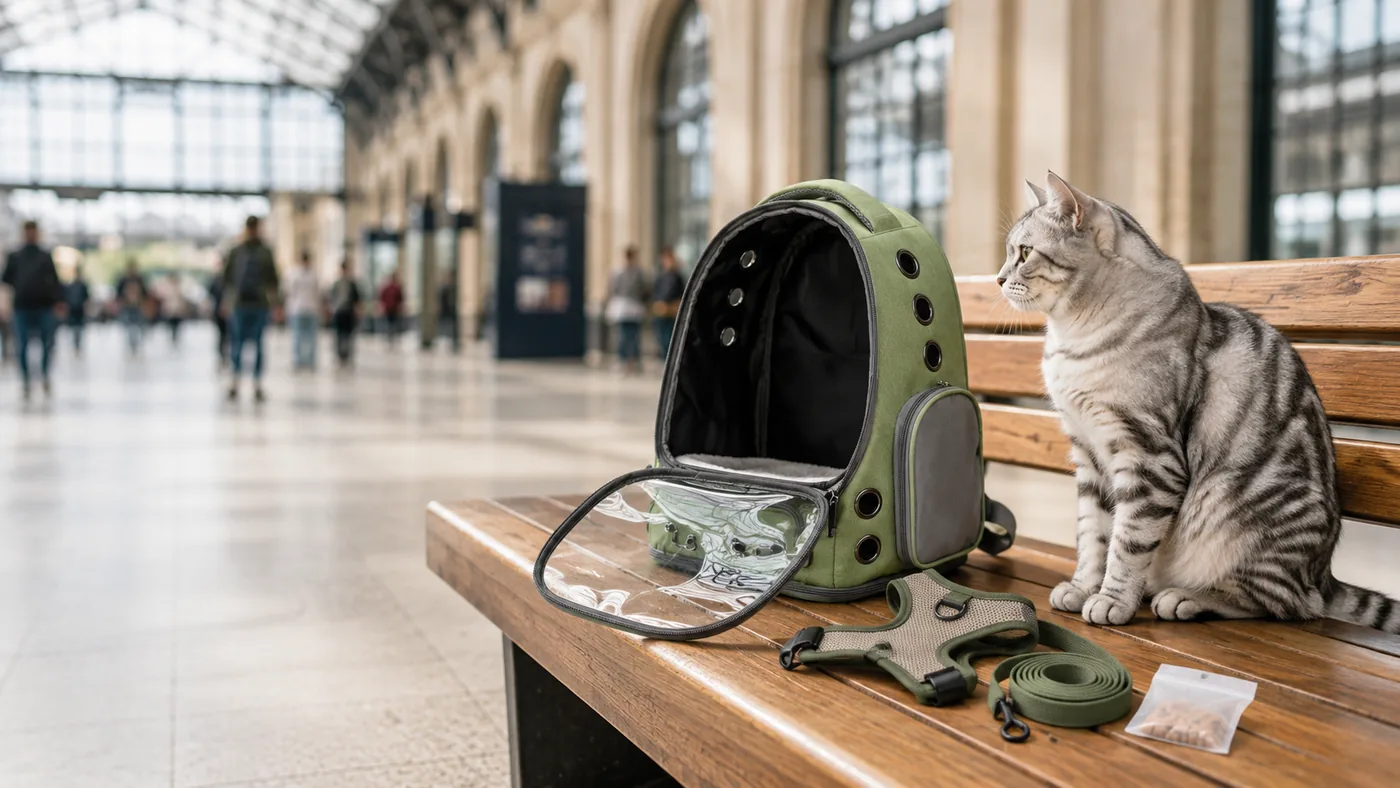 Sac à dos vert sauge ouvert sur un banc de hall de gare, harnais et laisse posés à côté, un chat assis qui le regarde