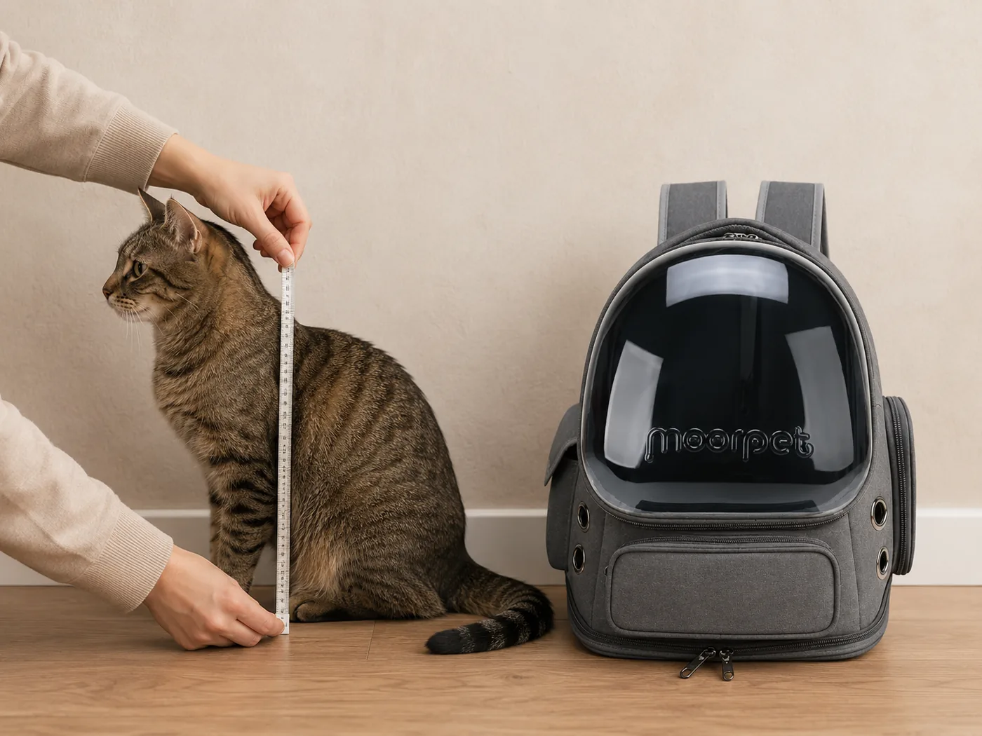 Chat tigré assis de profil, un mètre souple tenu verticalement le long de son corps, le sac gris anthracite debout à côté