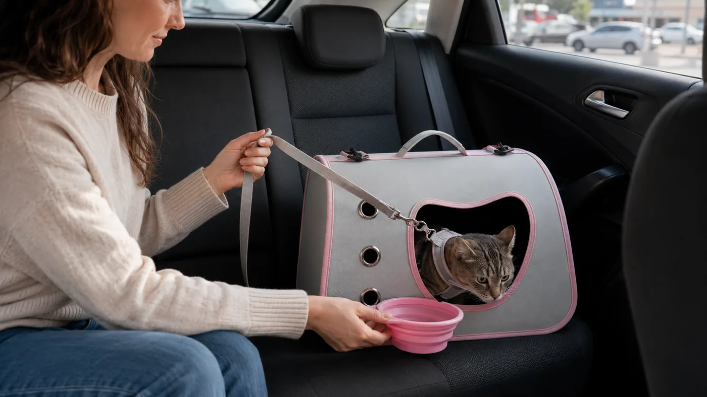 Dans la voiture à l’arrêt, portes fermées : la propriétaire tient la laisse clipsée au harnais du chat avant d’entrouvrir le sac et de lui présenter une coupelle d’eau