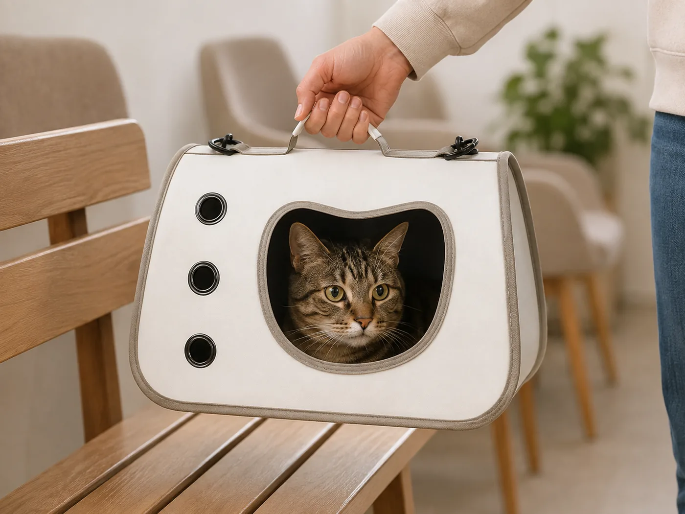 Une main soulève le sac bandoulière par sa poignée supérieure, le chat visible par la fenêtre latérale