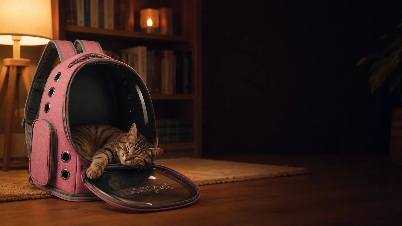 Chat endormi dans le sac ouvert, intégré au décor d'un salon en soirée