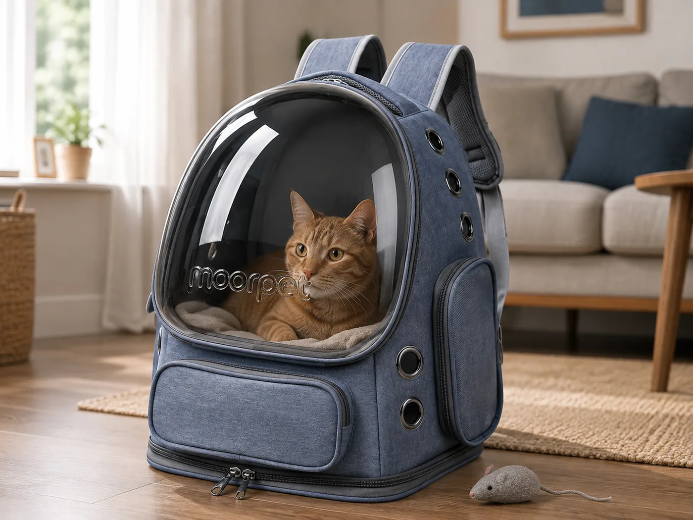 Chat roux installé de lui-même dans le sac à dos ouvert, posé au sol d'un salon