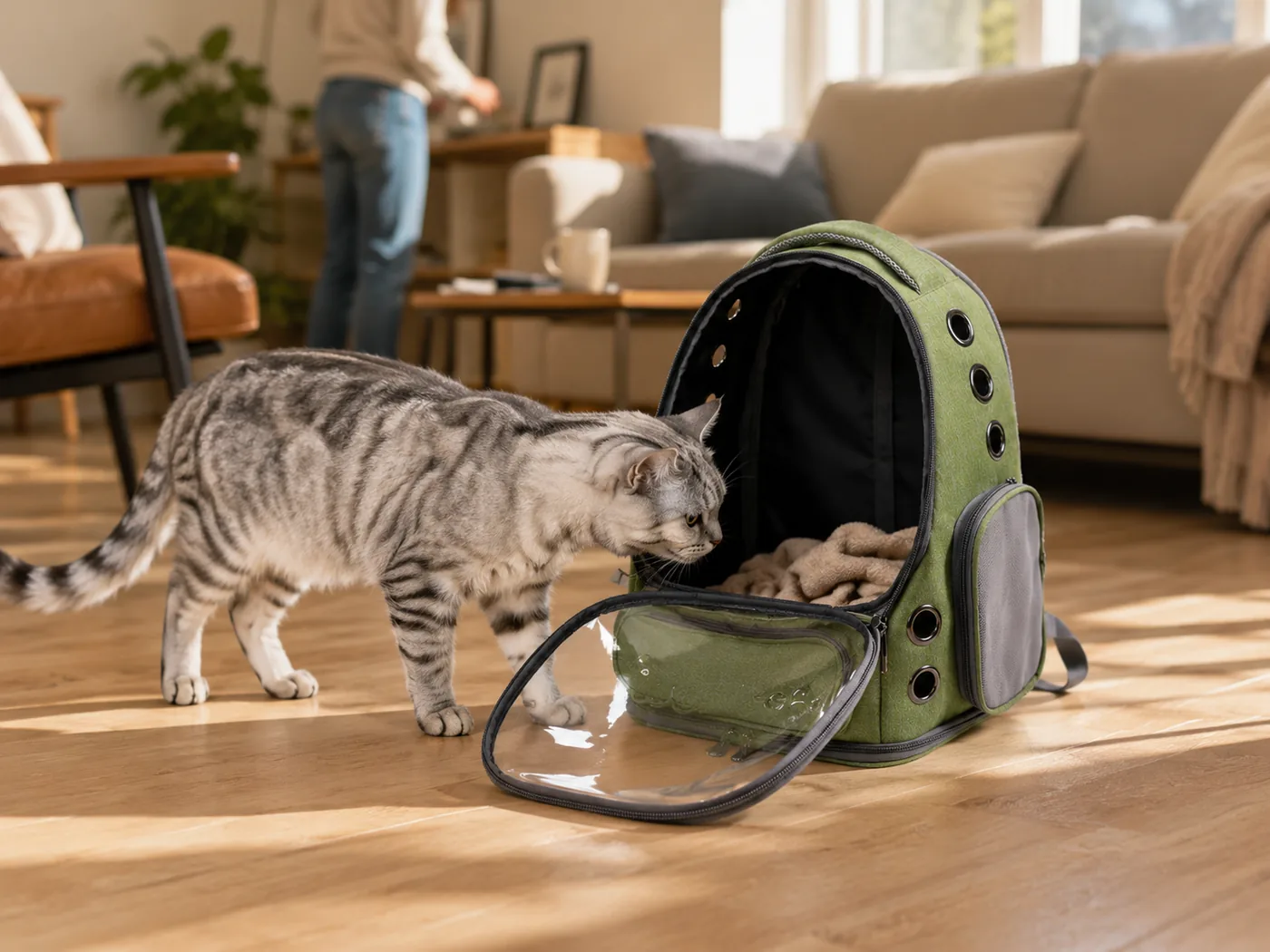 Le sac à dos ouvert au milieu du passage d’un salon, le chat qui renifle l’entrée de lui-même pendant que le propriétaire vaque à ses occupations