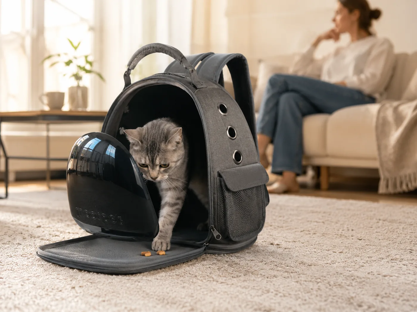 Chat sortant du sac à dos ouvert posé au sol, quelques friandises déposées devant l’ouverture