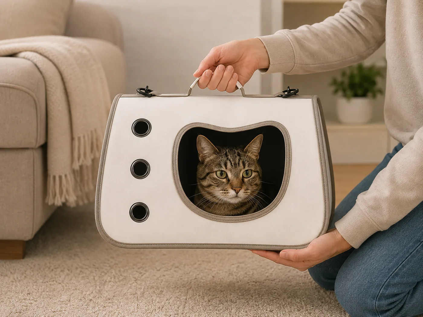 Une main tient la poignée du sac fermé et l’autre soutient la base : le fond reste horizontal, le chat calme à l’intérieur
