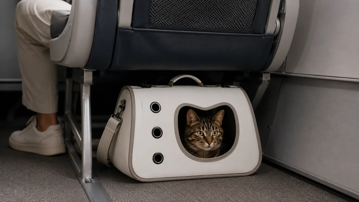 Le sac bandoulière glissé sous le siège devant le passager, entièrement dans l’espace prévu, aérations dégagées
