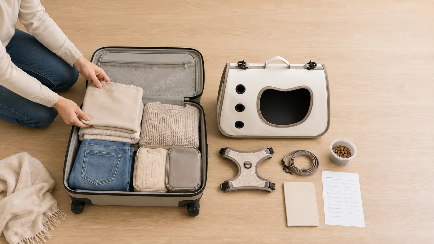 Vue du dessus : une valise cabine ouverte, le sac de transport, un harnais, une laisse enroulée, une couverture pliée et une liste à cocher