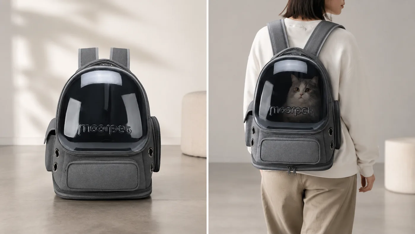 Le même sac à dos posé au sol puis porté sur le dos : la coque garde exactement la même forme
